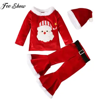 Детские Наряды для рождественской и новогодней вечеринки для девочек, топы с длинными рукавами и расклешенные брюки, шляпа, костюм для косплея Санта-Клауса