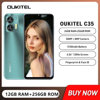 Смартфоны OUKITEL C35 24 ГБ (12 + 12) + 256 ГБ 50-мегапиксельная камера 6,56-дюймовый HD-экран 4G Мобильный Телефон Android 13 Разблокировка отпечатков пальцев Мобильного телефона
