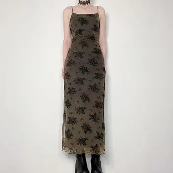 2023 Весенне-летнее новое платье с принтом на подтяжках, женская длинная юбка из сетки с тонкой талией