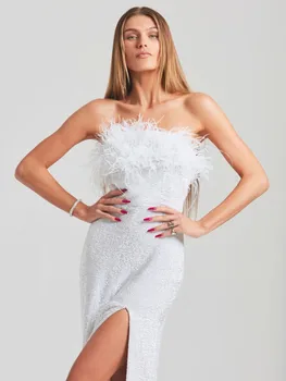 2023 Новое Дизайнерское Модное Женское Летнее Элегантное Белое Пушистое Платье Banage С Открытой Ногой Макси Длинное Знаменитое Вечернее Клубное Платье Для Вечеринок