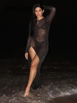 Zuzanny Черное сексуальное облегающее платье с прозрачным блеском и длинным рукавом, женское прозрачное сетчатое платье Макси с высоким разрезом, клубная одежда для вечеринок