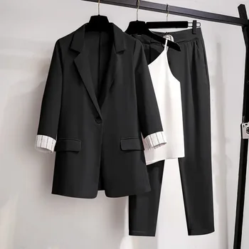 Женский Весенне-Летний Новый Модный Профессиональный костюм 2024 Года, Соответствующий Комплект, Корейские Элегантные Повседневные Блейзеры, Куртка + Слинг + Брюки, 3 предмета