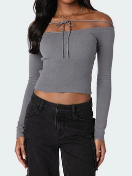 Женские вязаные топы Y2k с открытыми плечами, облегающий свитер с длинными рукавами, топы, пуловер в рубчик, свитер