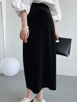 Весенне-осенняя новая золотистая бархатная юбка трапециевидной формы в девичьем стиле с разрезом по низу, модная уличная одежда, универсальные черные обтягивающие женские юбки с высокой талией