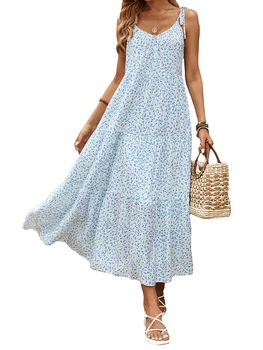 Женское платье без рукавов с принтом на завязках для летней вечеринки с цветами, платье свободной длины, пляжная уличная одежда