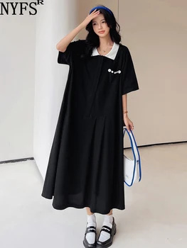 NYFS 2023 Летнее Новое Корейское женское платье Vestidos Robe Ete Femme Elbise Свободные Большие размеры Воротник ПОЛО С коротким рукавом Длинные платья