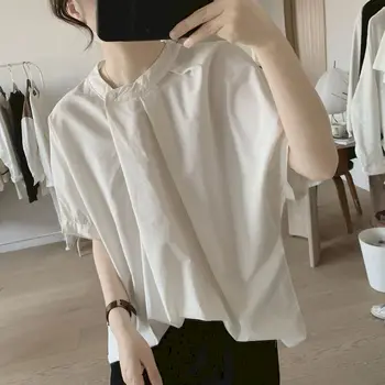 Нерегулярные плиссированные блузки для женщин, Нишевый дизайн, рубашка из 100% хлопка, свободная тонкая блузка с круглым вырезом и коротким рукавом, летняя трендовая тонкая рубашка