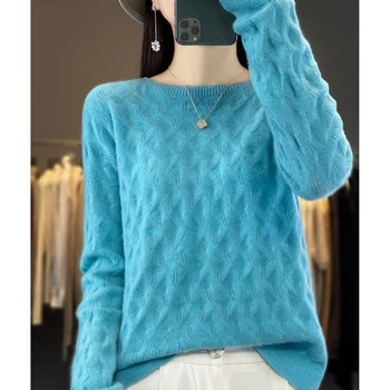 Аутентичный женский свитер с круглым вырезом из 100% мериносовой шерсти, осенне-зимний однотонный теплый свитер свободного кроя с длинными рукавами