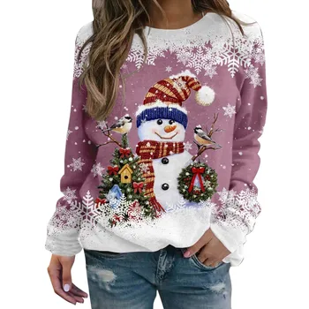 Женский повседневный минималистичный пуловер с 3D принтом снеговика, сексуальная спортивная одежда с длинными рукавами, женская модная универсальная толстовка со снежинками