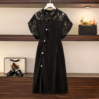 150 кг Плюс Размер, Женское Новое Летнее Высококачественное платье Чонсам, Бюст 150 см, Свободное Ретро-платье В Китайском стиле, Черное 5XL 6XL 7XL 8XL 9XL
