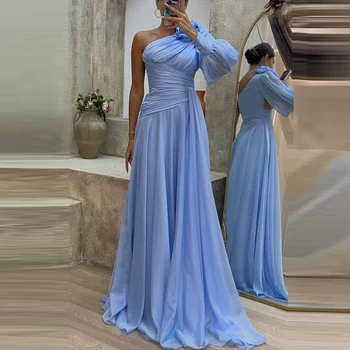 Элегантное однотонное вечернее платье на одно плечо, женское шифоновое длинное платье в складку с рукавом-фонариком, Летние тонкие вечерние платья с высоким разрезом