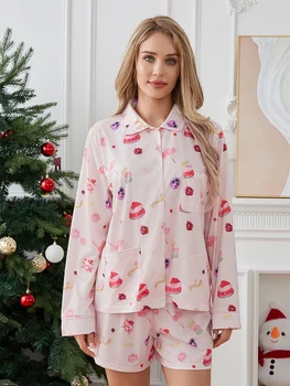 Новый женский пижамный комплект из 2 предметов, рубашка с длинными рукавами и эластичными шортами с десертным принтом, одежда для отдыха, мягкая одежда для сна, приятная для кожи