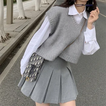 Женские комплекты одежды из 3 предметов, модный простой опрятный серый свитер в стиле харадзюку с V-образным вырезом, жилет, рубашка и мини-юбка в складку