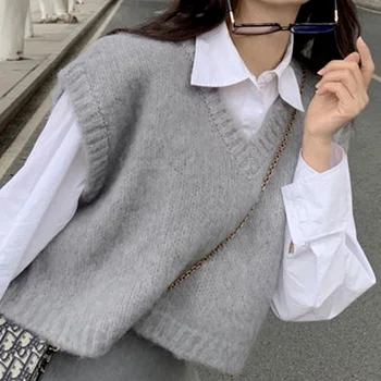 Женские комплекты одежды из 3 предметов, модный простой опрятный серый свитер в стиле харадзюку с V-образным вырезом, жилет, рубашка и мини-юбка в складку