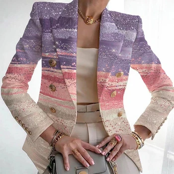 Офисный женский Элегантный двубортный пиджак-блейзер, осеннее женское пальто с отложным воротником и принтом, зимний топ с длинным рукавом, верхняя одежда