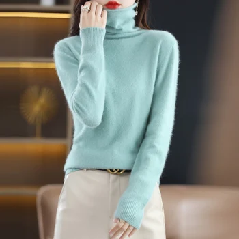 Осенне-зимний женский универсальный пуловер с высоким воротом, кашемировый свитер из 100 норки, мягкая вязаная модная качественная женская одежда