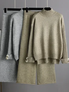 Корейские модные комплекты из двух предметов, женские Outifits 2024, осень-зима, Новый вязаный свитер, брючный костюм, Свободные брючные комплекты, Женская одежда