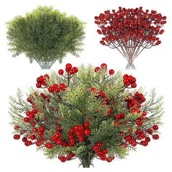 48 штук рождественских искусственных кедровых веток, искусственные веточки, искусственные сосновые листья, зеленые и красные