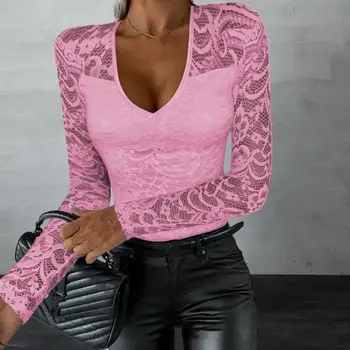 Осенне-весенний женский топ с вырезами, кружевная цветочная вышивка, однотонная приталенная рубашка с V-образным вырезом и длинным рукавом, мягкая женская сексуальная блузка, топ