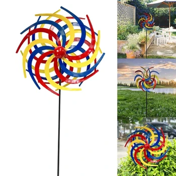 Красочные ветряные прядильни с садовым кольем, металлические украшения в виде ветряной мельницы, уличная скульптура ветра на 360 °, ловец ветра для газона во дворе