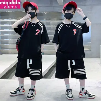 2023 Новый летний костюм для мальчиков в стиле хип-хоп с короткими рукавами + брюки из 2 предметов, детская спортивная одежда, Комплект детской одежды в полоску, классная одежда