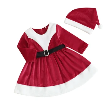 Рождественский костюм для новорожденных девочек от 6 до 3 лет, Платье трапециевидной формы в стиле пэчворк с длинным рукавом и шапкой, зимняя детская одежда