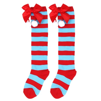 Рождественские носки до бедра для девочек, полосатый принт, длинные носки выше колена для девочек-подростков с бантом